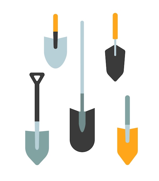 Shovel spade vector illustration set Flat style garden hand shovels isolated on white background Garden tool equipment for farm summer utensil