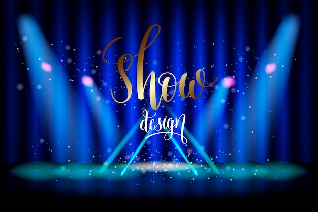 Show design scene illumination on blue curtain background, vector illustration