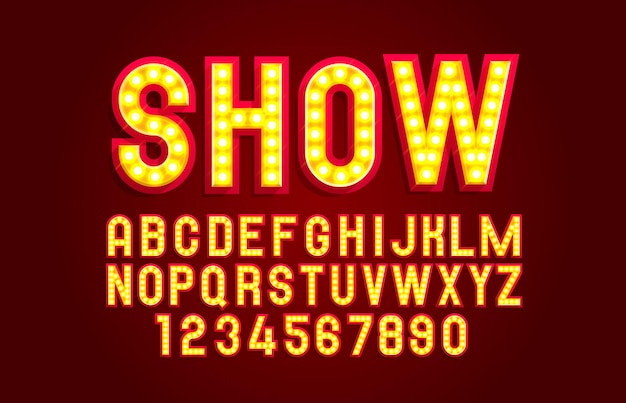 Vector show font lamp symbol, gold letter and numbers set. vector illustration