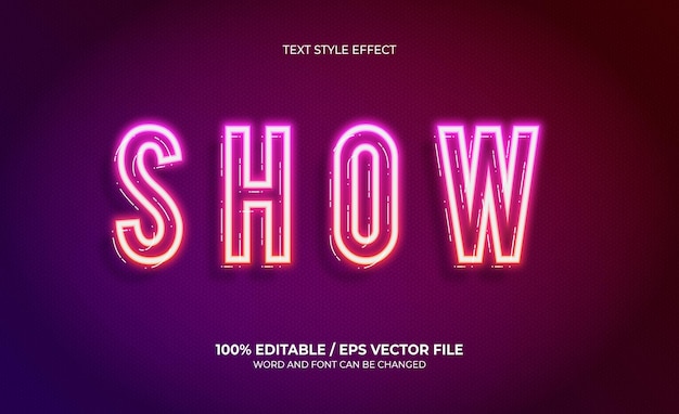 Vector show neon style 3d editable text effect