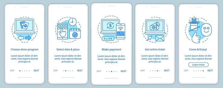 Vector 온보딩 모바일 앱 페이지 화면 벡터 템플릿을 표시합니다. 프로그램 이벤트 온라인 티켓. 성능, 쇼 .. 선형 삽화가 포함된 웹 사이트 단계를 살펴봅니다. ux, ui, gui 스마트폰 인터페이스 개념