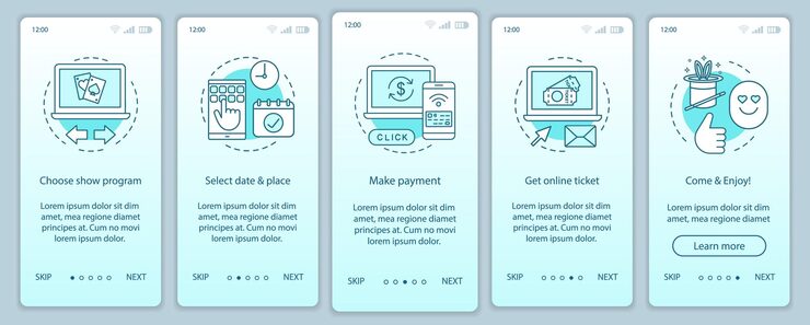Vector 온보딩 모바일 앱 페이지 화면 벡터 템플릿을 표시합니다. 프로그램 온라인 티켓 지불. 공연행사. 선형 삽화가 포함된 연습 웹 사이트 단계. ux, ui, gui 스마트폰 인터페이스 개념