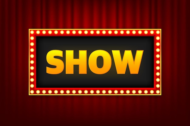 Vector show in retro lightbox with light bulbs on a silky luxury curtain stage vintage theater signboard