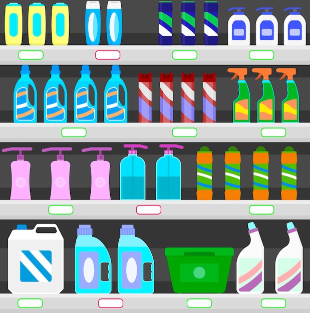 벡터 가정용 화학 물질 매장의 쇼케이스 랙 클리너 및 소독제