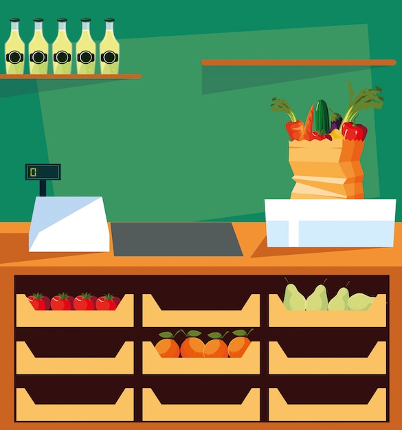 Vector showcase store with fresh food and cash register machine