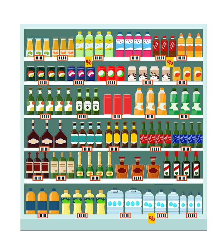 Vector a showcase with drinks juices soda beer cognac drinking water champagne wine tinctures