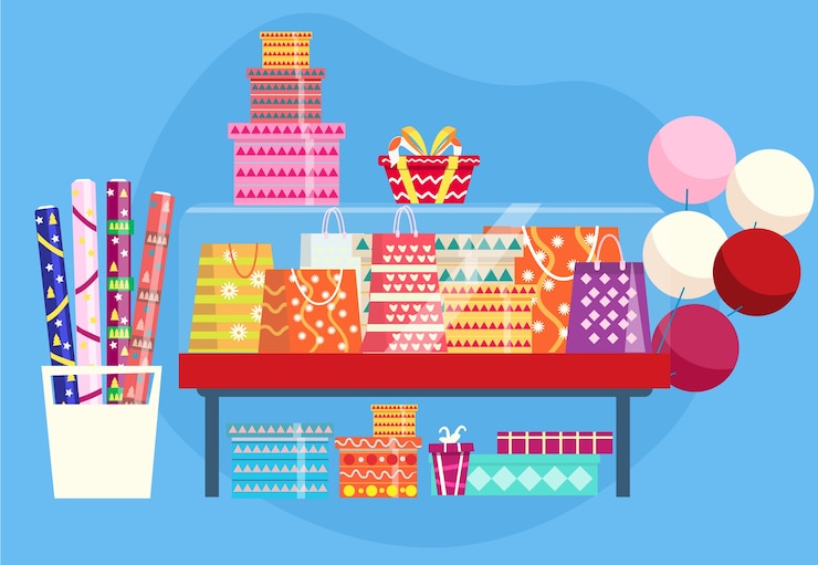 Vector showcase with gift bags and and baloons