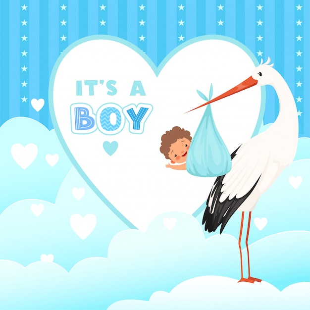 Scheda dell'acquazzone con cicogna, uccello volante con regalo neonato, sfondo cartone animato per badge etichette
