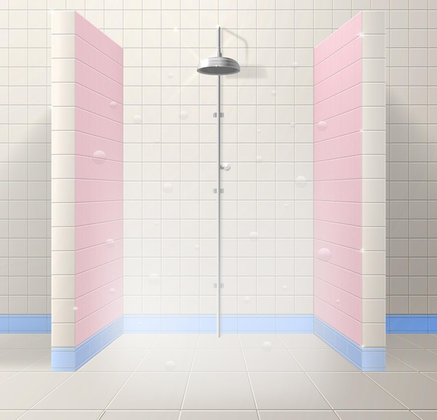 Vector shower cubicle made of tiles with a partition steam and soap bubbles