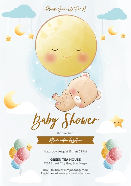 Vector shower invitation little bear flying with a yellow balloon watercolor style baby