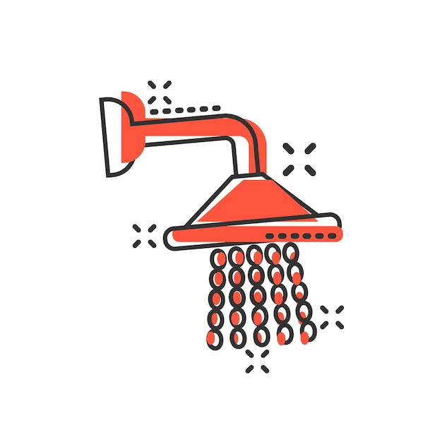 Значок знака душа в комическом стиле Векторная иллюстрация устройства для воды в ванной на белом изолированном фоне Эффект всплеска бизнес-концепции мытья