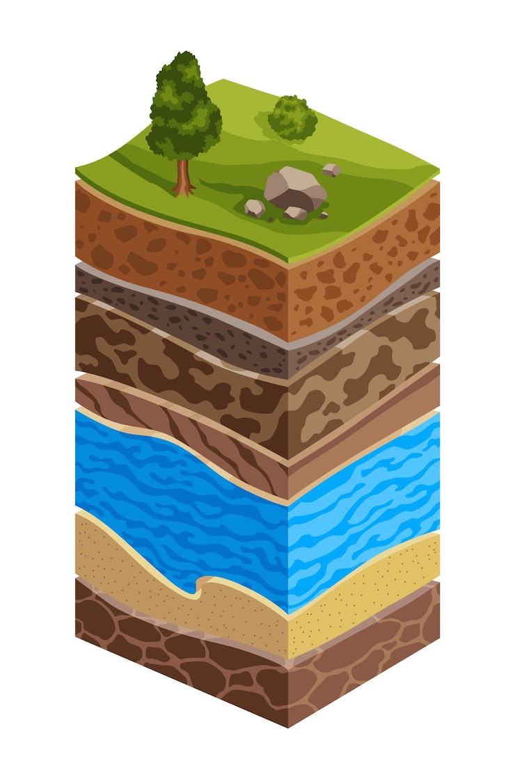 Vector showing soil layers of earth cross section schematic education poster groundwater sand gravel loam clay top layers with grass tree and stones