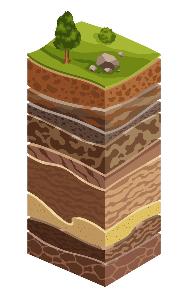 Vector showing soil layers of earth cross section schematic education poster soil sand gravel loam clay top layers with grass tree and stones