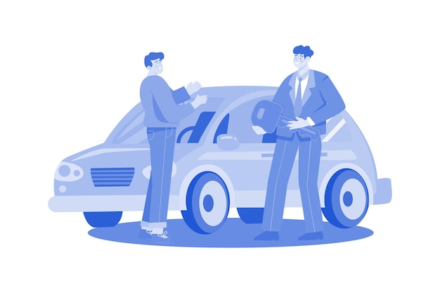 showroom manager giving new car key to the buyer