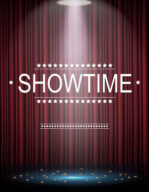 Showtime background with curtain illuminated by spotlights