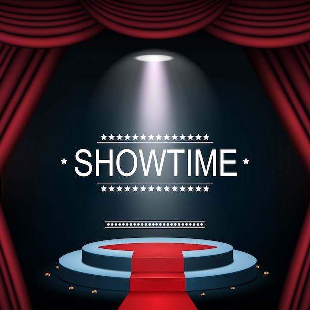 Showtime banner with podium and curtain illuminated by spotlights