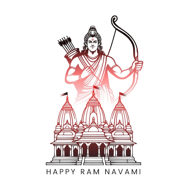 힌디어 캘리그라피 예술과 아요디야 람 만디르 일러스트레이션으로 Shri Ram Navami 축제 인사