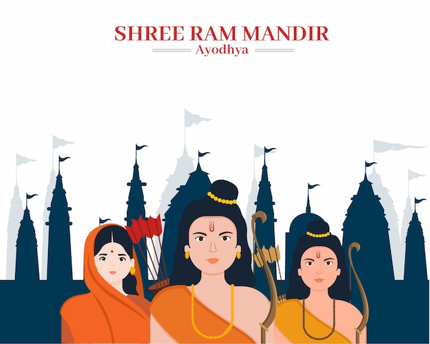 Vector shree ram with wife sita and brother laxman return in ayodhya city ram mandir spiritual hindu temple