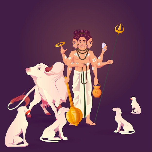 Vettore illustrazione vettoriale di shri dattaguru maharaj con una mucca e quattro cani sullo sfondo