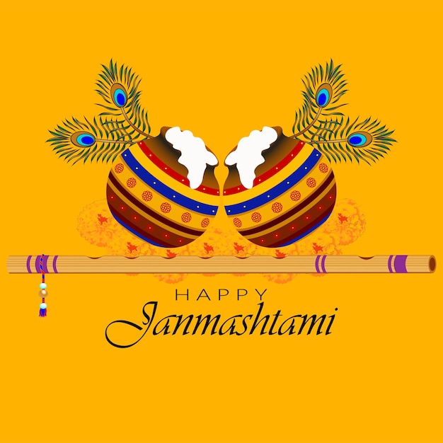 Shri krishna janmashtami. birthday of lord krishna. musical instrument bansuri and peacock feather.