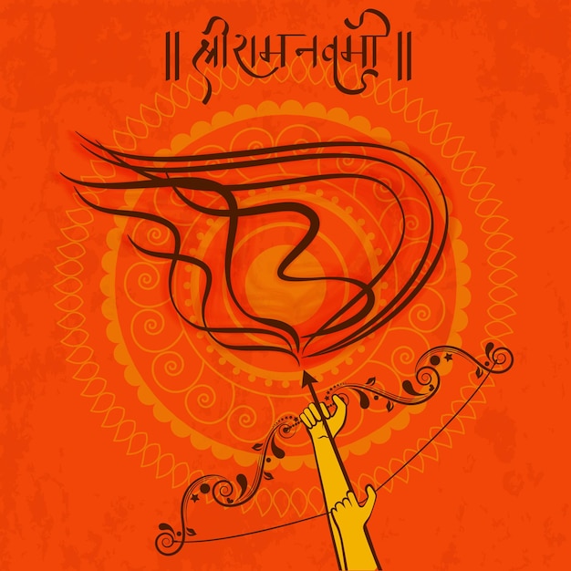 Vector shri ram navami birthday of lord rama greeting card with closeup view of lord rama hands holding bow and flaming arrow on orange mandala pattern background