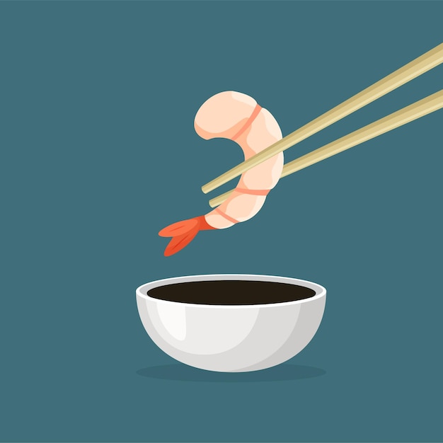 Shrimp icon. Chopsticks holding prawn dipped in soy sauce. Boiled or grilled shrimps.