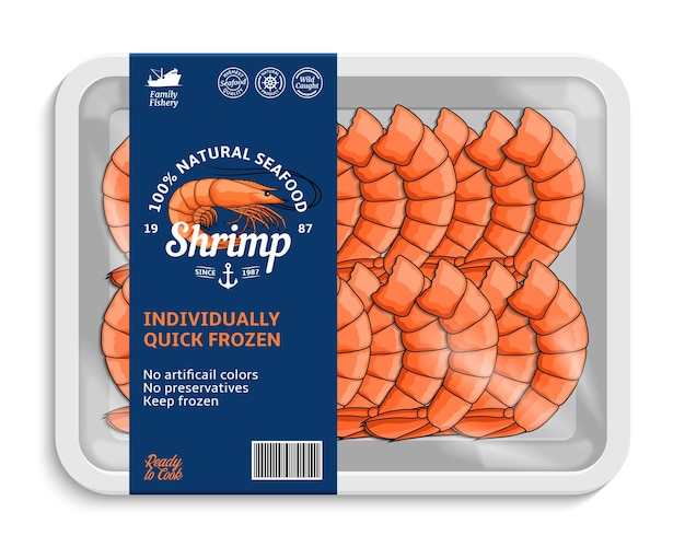 Vector shrimp label template seafood plastic tray