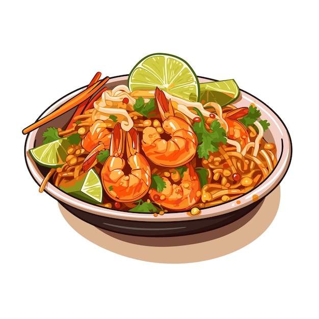 shrimp pad thai thailand foodcartoon vector illustrator