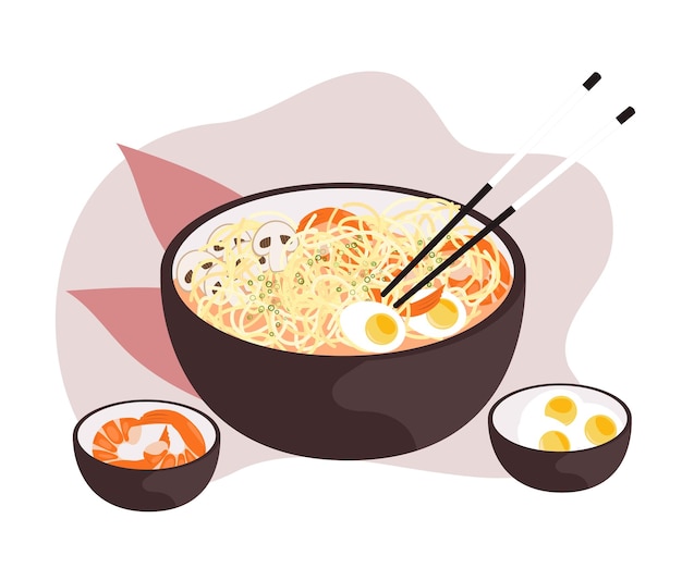 ベクトル 箸で器に入った海老ラーメン。箸で麺のボウル。アジア料理