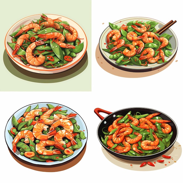 Vector shrimp and snow pea stirfry