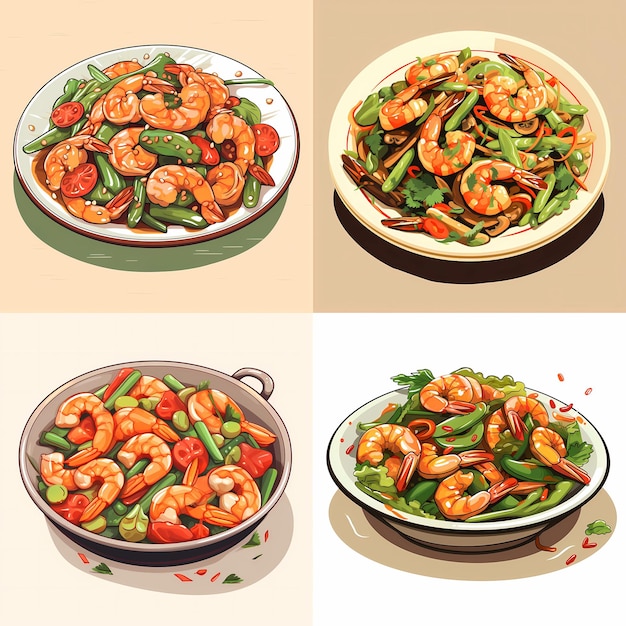 Vector shrimp and vegetable stirfry