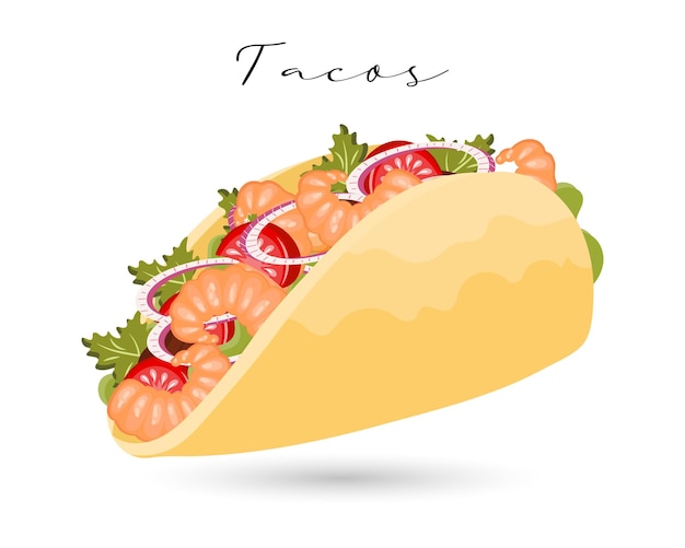 Shrimp and vegetable tacos, Latin American cuisine. National cuisine of Mexico. Food illustration