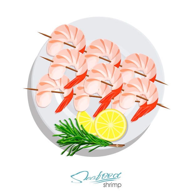 Shrimps on a skewer with rosemary and lemon on the plate Vector illustrationin cartoon style