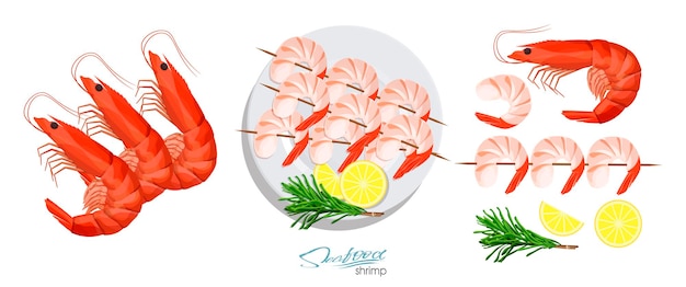 Shrimps on a skewer with rosemary and lemon on the plate