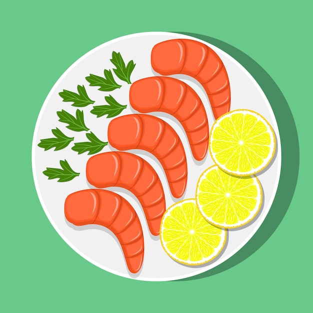 Креветки с лимоном и травами на белой тарелке, вид сверху векторная иллюстрация морепродуктов в плоском стиле