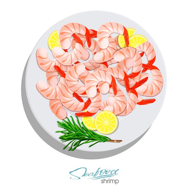 Vector shrimps with rosemary and lemon on the plate vector illustrationin cartoon style