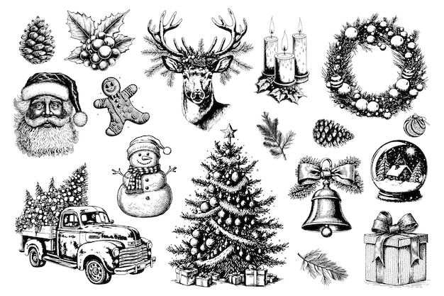 Vettore shristmas e felice anno nuovo set disegnato a mano