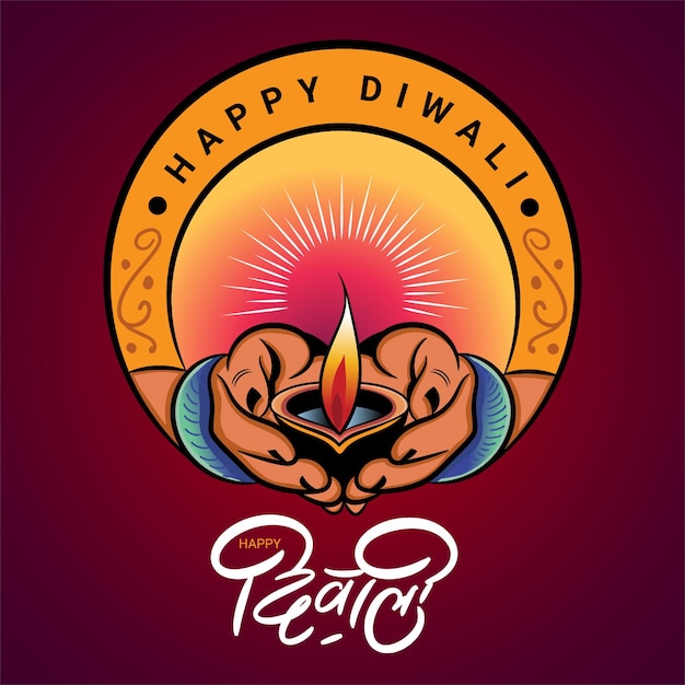 Shubh Deepawali groet met Hindi kalligrafie en vrouw hand houden diya illustratie