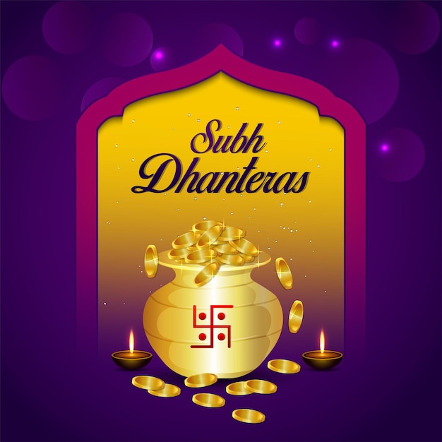 Shubh dhanteras celebration greeting card with creative gold coin pot