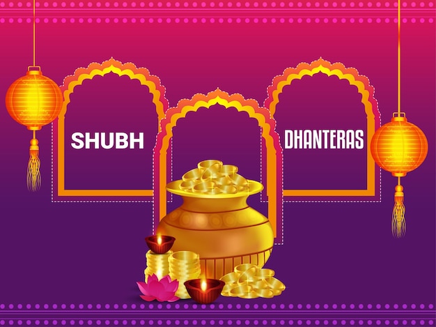 Shubh dhanteras celebration greeting card with gold coin kalash on creative background