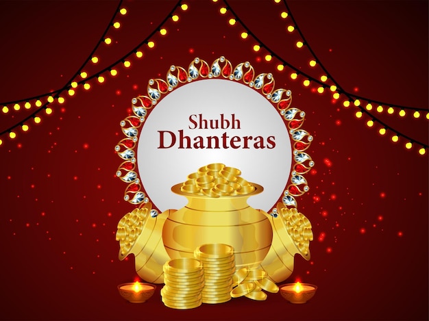 Shubh dhanteras celebration greeting card with gold coin kalash