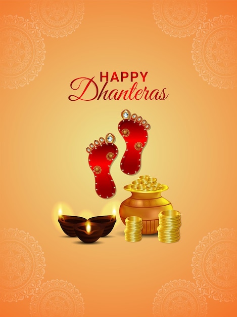 Shubh dhanteras celebration poster with creative gold coin pot and footprint of goddess laxami