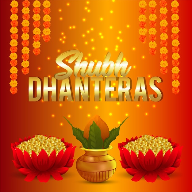 Shubh Dhanteras 창작 배경 및 금화와 Kalash 연꽃