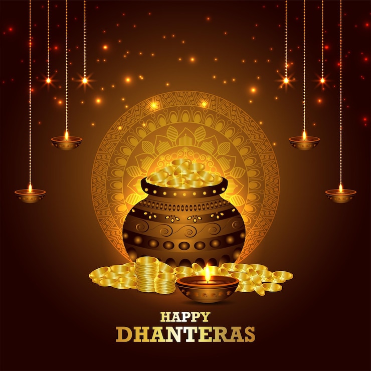 वेक्टर shubh dhanteras festival with gold coin pot and diya