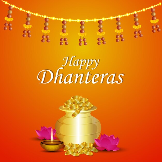 Vector shubh dhanteras greeting card design with golden coin pot with lotus flower