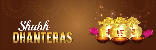 Banner di celebrazione del festival indiano di shubh dhanteras con vaso di monete d'oro