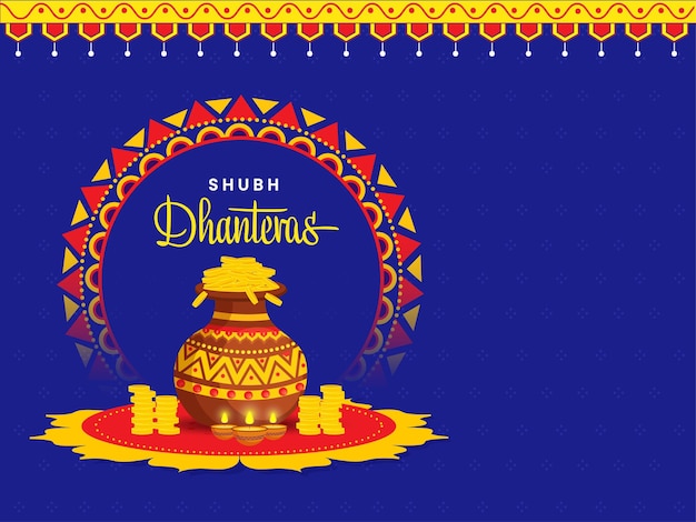 Shubh Dhanteras Poster Design With Gold Coins In Mud Pot, Lit Oil Lamps (Diya) And Rangoli On Blue Background.