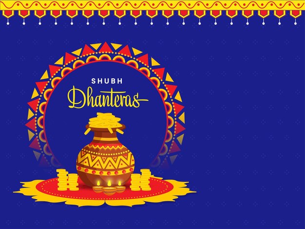 Shubh dhanteras poster design con monete d'oro in vaso di fango, lampade a olio accese (diya) e rangoli su sfondo blu.