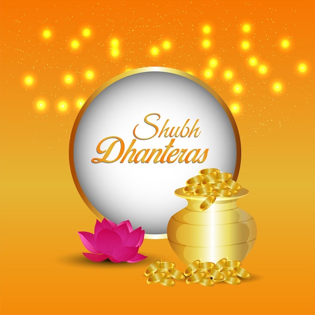 Shubh dhanteras uitnodiging wenskaart met creatieve gouden munten pot op gele achtergrond