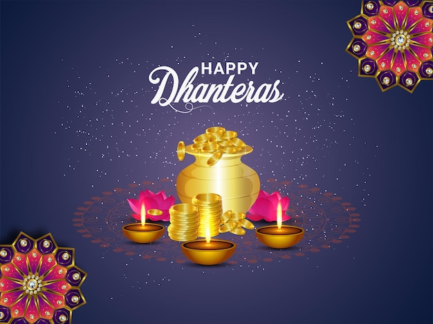 Shubh dhanteras uitnodiging wenskaart met vectorillustratie van gouden munt pot en diya